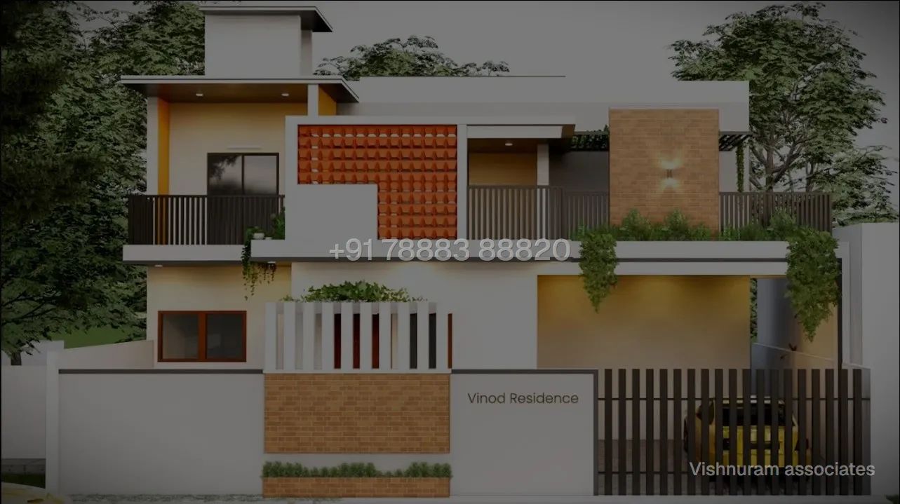Contemporary modern residence in Chennai at dusk with warm interior lighting